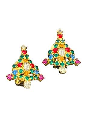 Christmas tree multi colored rhinestone gold tone vintage clip on earrings